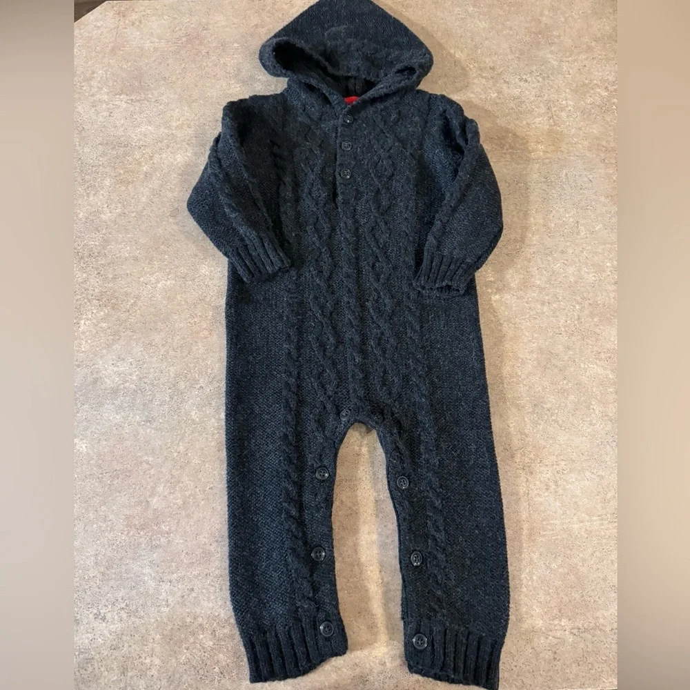 OshKosh B'Gosh Baby Cable Knit Charcoal Hooded Coverall, Size 12M